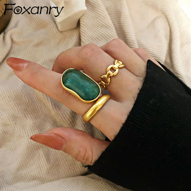 Foxanry Gold Color Wedding Rings Women New Fashion Creative Design Green Stone France Vintage Party Bride Jewelry wedding rings gold rings gold plated rings golden ring