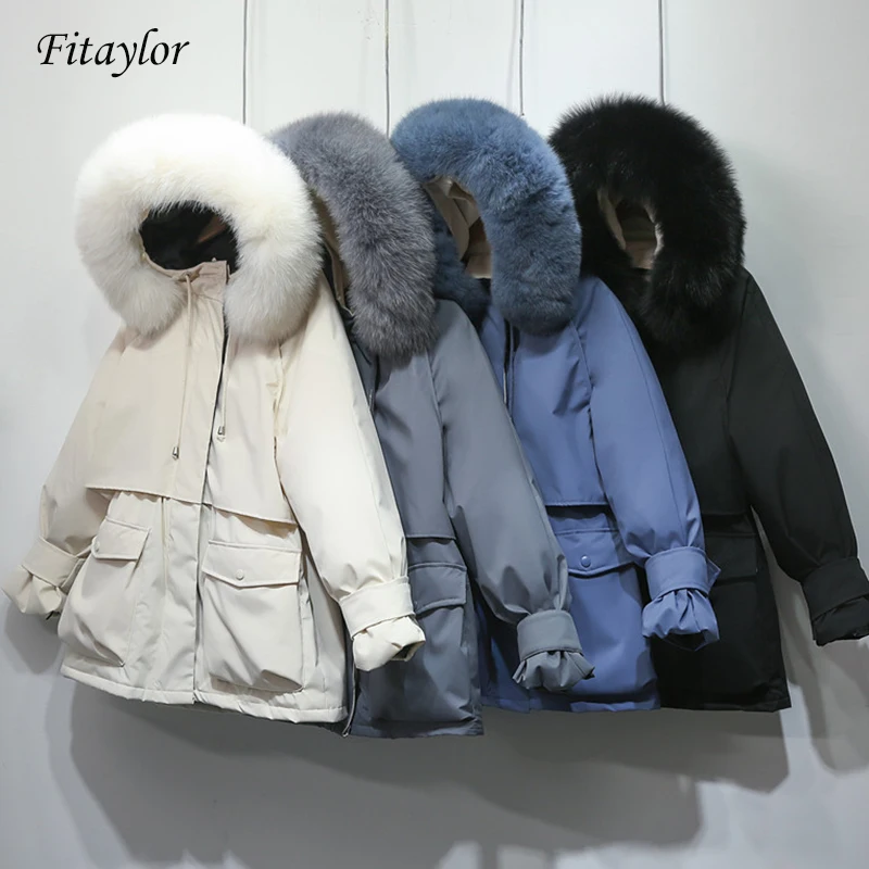 Fitaylor, зимняя женская куртка, большой натуральный Лисий мех, белый утиный пух, пальто, толстые парки, теплый пояс, завязывается на молнии, зимняя верхняя одежда