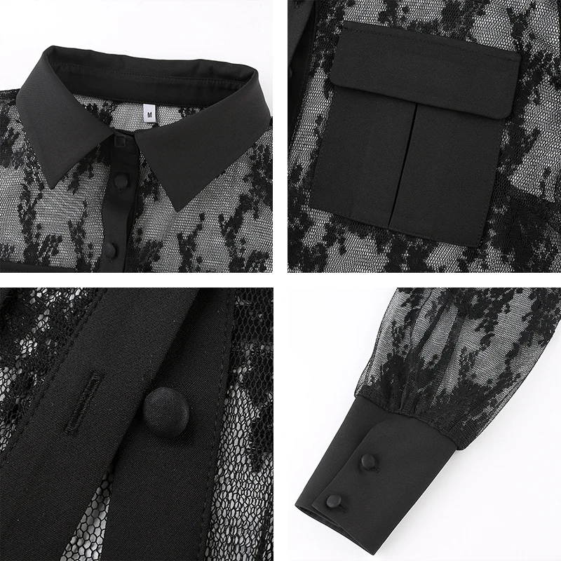 Rapwriter Сексуальная Прозрачная Кружевная Лоскутная черная рубашка с отложным воротником Женская стильная сетчатая блузка с длинным рукавом на пуговицах Femme