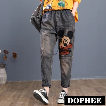 

Loose Retro Denim Jeans 2020 Spring Casual Cartoon Embroidered Denim Ankle Pants Female Elastic Waist Ripped Harem Pants
