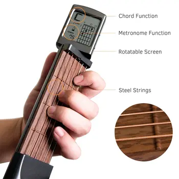 

Portable Pocket Acoustic Guitar Practice Tool 6-String Pocket Guitar Chord Trainer 6 Frets with Rotatable Chords Chart Screen