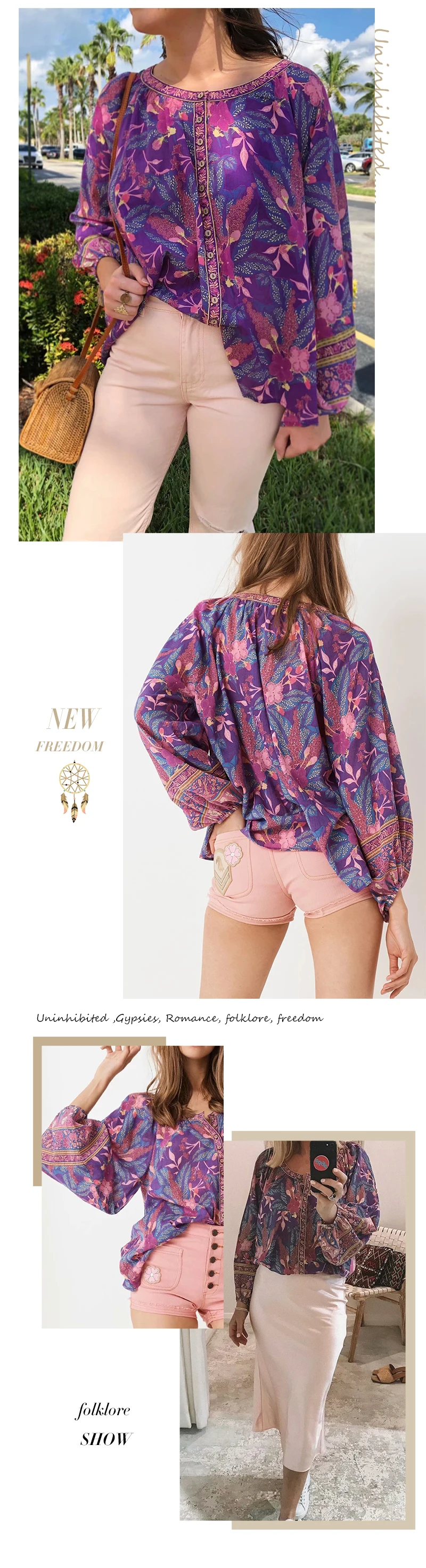 Everkaki, блузка, топы, женские рубашки, Boho, цветочный принт, осенняя, свободная, Круглый ворот, Ретро стиль, для девушек, шикарные блузки, Топ для женщин,, новая мода