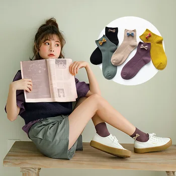 

Bowknot Decor Cotton Women Socks Korean Sweet Solid Spring Soft Girls Cute Lovely Midcalf Length Sock Candy Color Female Nosiery