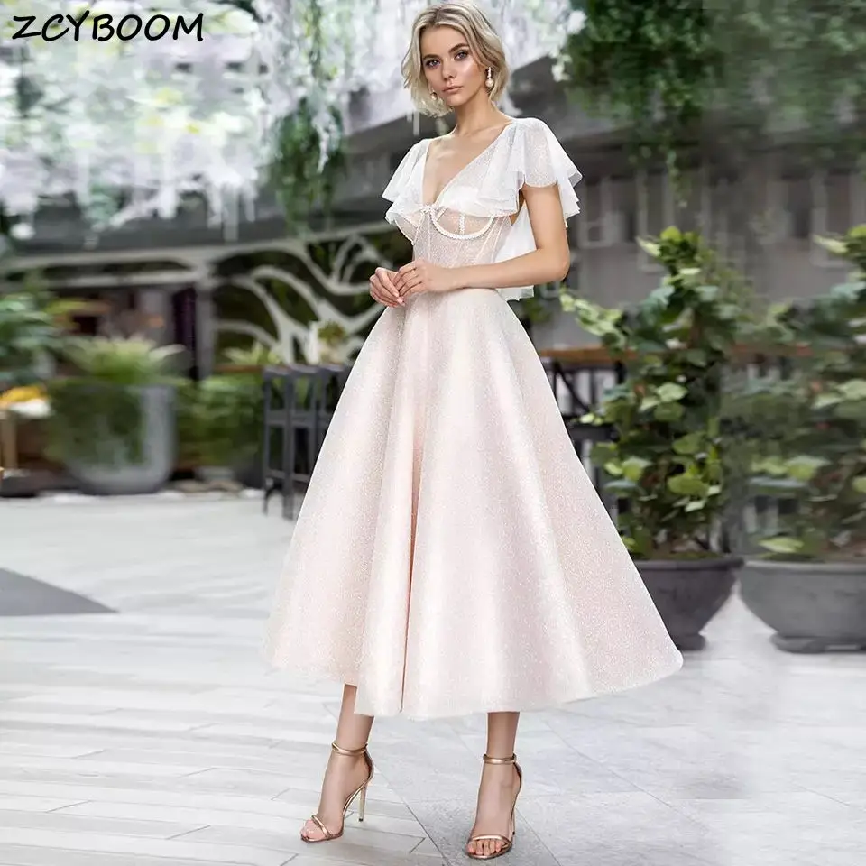 

Flesh Pink Sequined Prom Dresses 2023 Women Formal Party Night Vestido De Gala A-Line V-Neck Gradustion Elegant Evening Gowns