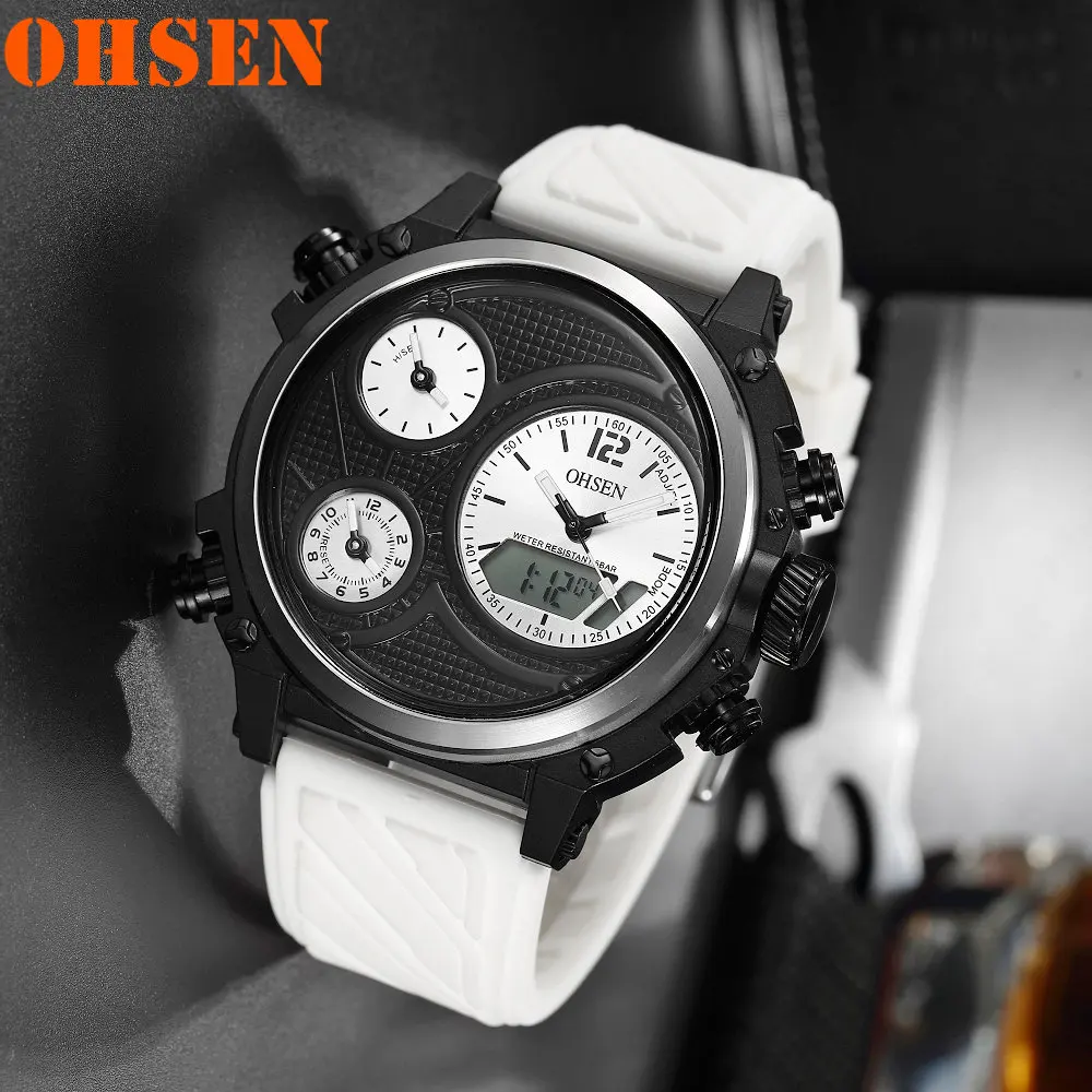 Black white watch OHSEN Брендовые мужские армейские часы с большим циферблатом и двойным дисплеем, черные, серые, с резиновой лентой, пластиковый корпус, мужские кварцевые часы, наручные часы - Цвет: Black white watch