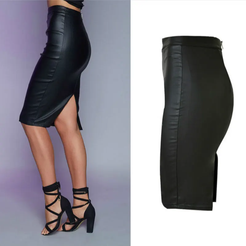 High Waist Push Up Black Skirts Women Elasticity Faux Leather Split Jupe Femme Coated Vintage Punk Saias Na Altura Do Joelho