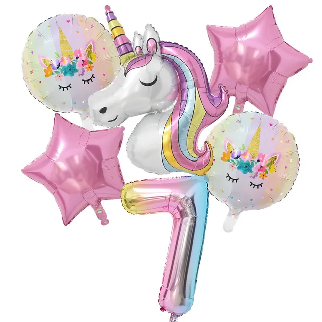 1Set Rainbow Unicorn Balloon 32 inch Number Foil Balloons 1st Kids Unicorn Theme Birthday Party Decorations Baby Shower Globos 6pcs number7 set