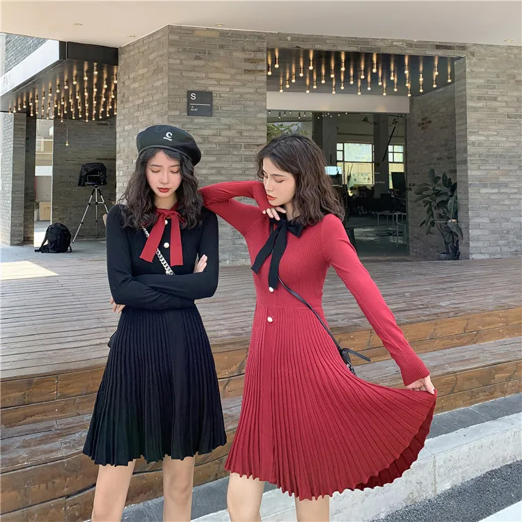 

Women Autumn Winter Sweater Knitted Dresses Slim Elastic Lady Bodycon Bow-neck Dresses Vestidos Women