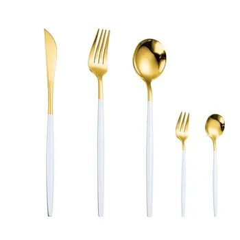 

5pcs White Gold Cutlery Set Stainless Steel Cutlery Tableware Set Western Spoon Fork Knife Flatware Set Golden Dinnerware Sets