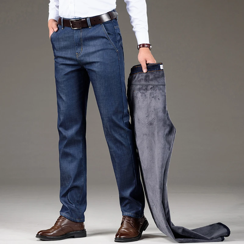 8051 blue fleece Новые мужские джинсы, классические флисовые толстые теплые синие джинсы высокого качества, прямые мужские повседневные штаны, хлопковые джинсовые брюки, 8051 - Цвет: 8051 blue fleece