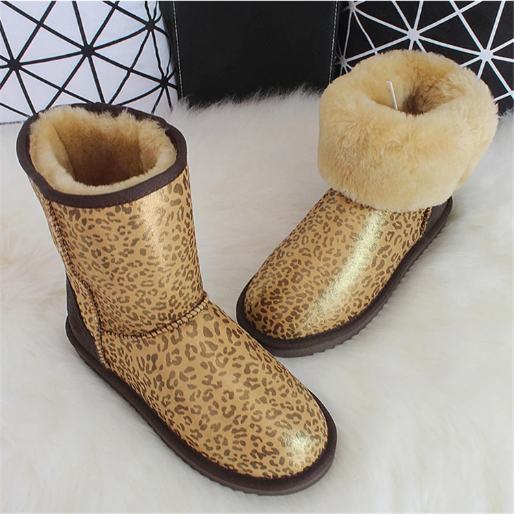 G&Zaco Luxury Australia Sheepskin Snow Boots Women Winter Natural Wool Sheep Boots Calf Warm Non-slip Female Flat Boots - Цвет: gold leopard