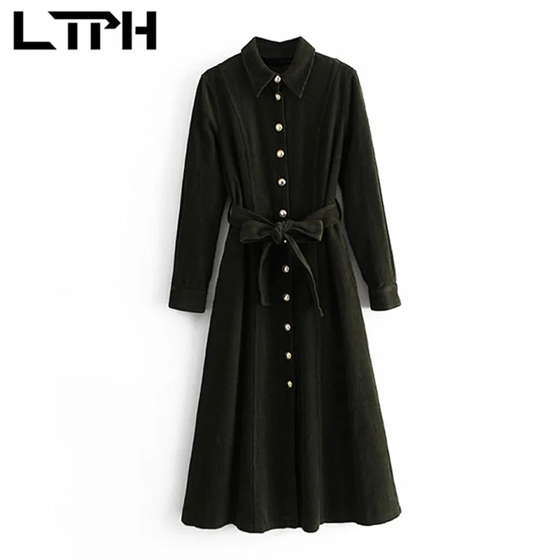 

LTPH vintage corduroy long women dress Single Breasted elegant Bow Sashes slim Solid color dresses 2020 Autumn Winter New