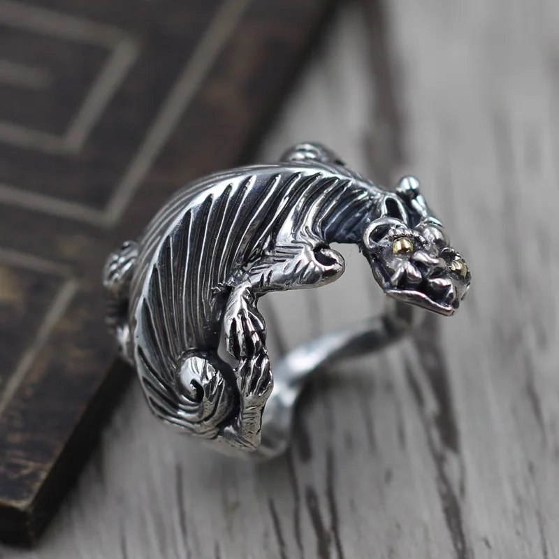 

Sterling Silver 925 Retro Chi Dragon Opening Ring Thai Silver Jewelry Personalized Carved Couple Rings
