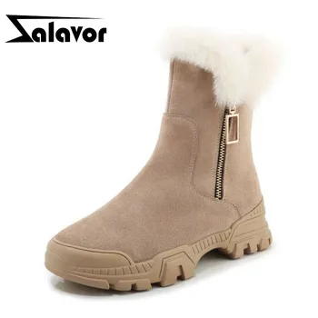 

ZALAVOR 2020 Women Snow Boots Real Leather Plush Fur Zipper Simple Warm Shoes Woman Daily Outdoor Botas Footwear Size 35-39
