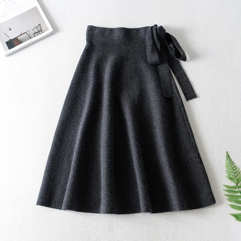 

autumn winter flexible stretch high waisted midi a line warm thermal knitted skirt with bow for women black grey skirts womens