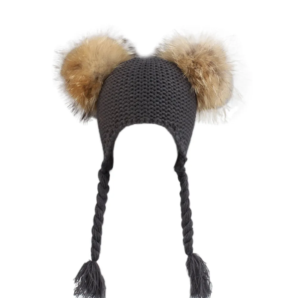 Детская шапка с помпоном из натурального меха, детские зимние вязаные шапки для девочек и мальчиков, Вязаная Шапка-бини с ушками, шапка с двумя помпонами для детей# p7