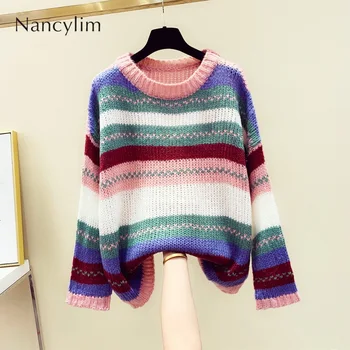 

Rainbow Striped Turtleneck Sweater Women's Loose Autumn Sweater 2019 New Student Lazy Wind Knitted Pullovers Oversized Pull