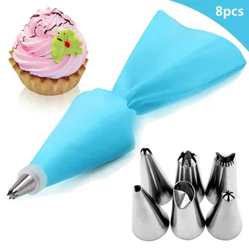 

8pcs/set Silicone Icing Piping Cream Pastry Bag Dessert Decorators Stainless Steel Nozzle Set DIY Cake Decorating Tips