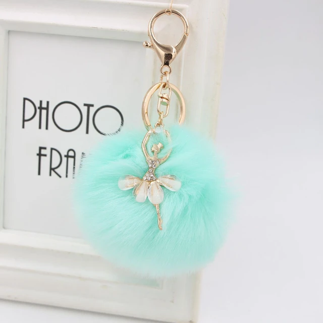 Lovely Crystal Ballet Girl Keychains Dancing Angel Fluffy Puff Ball Pendant  Fur Key Chain Car Styling Bag Jewelry Pompom Keyring (Pink) 