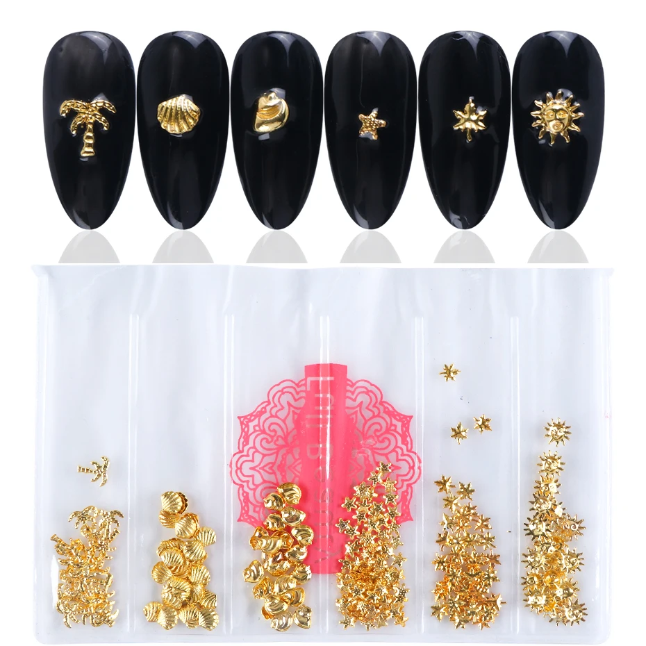 3D золотые украшения для дизайна ногтей, Смешанная форма, металлическая рамка, корпус, лист, заклепки, шпильки на гвоздях, сделай сам, очаровательные ювелирные аксессуары, поставка CH25 - Цвет: 6 Grids