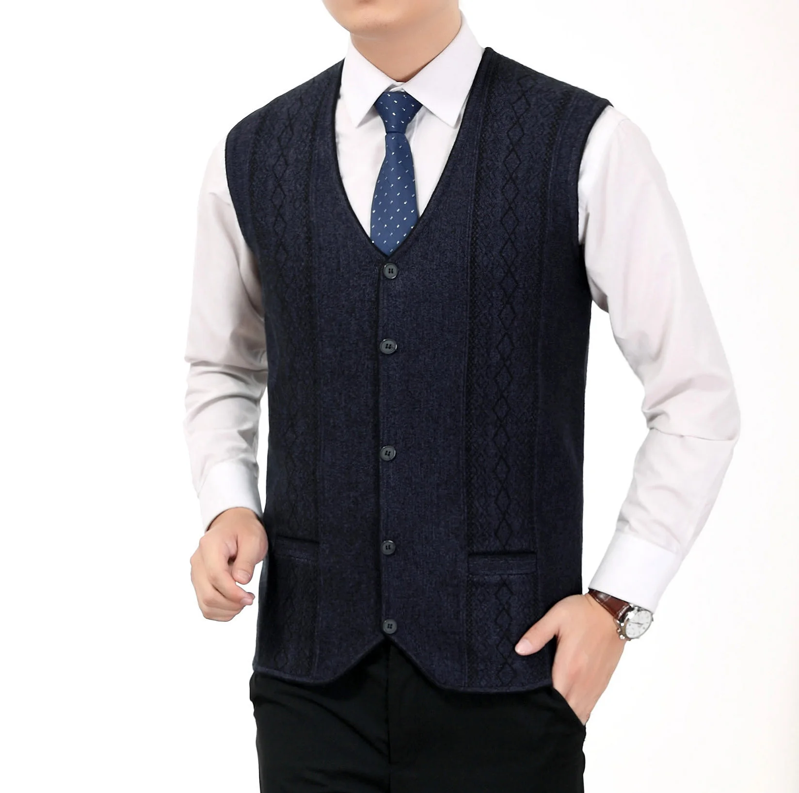 

Men Smart Casual Wool Blend Vests Gray Navy Blue Rhombus Pattern Textured Knit Waistcoats Male Elegant V-neck Herringbone Gilet