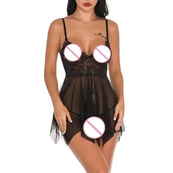 

2019 New Sleepwear for Women Front Closure Babydoll Lace V Neck Mesh Sleepwear Sexy Nachthemden Batas Para Dormir Mujer Y