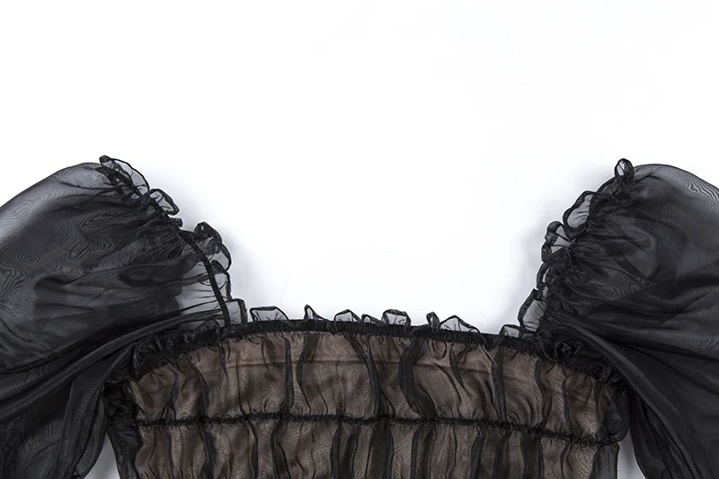 Women Crop Tops Black 2019 Summer Sexy Mesh See Through Sheer Tank Ruched Croptop Ruffles Puff Sleeve Tops (9)