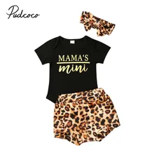 Коллекция года, летняя одежда для малышей комплект из 3 предметов для новорожденных девочек и мальчиков Боди с буквами+ леопардовые трусы, повязка на голову