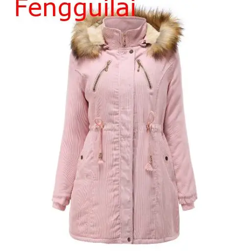 

Women's Winter Overcoat Hooded plus Velvet Corduroy Overcoat Cotton-padded Coat Thick Warm Sashes Fur Hooded Button Outwear