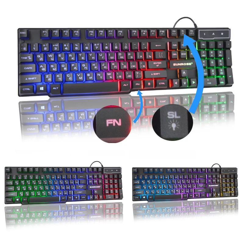 Игровая клавиатура с английской/русской RGB подсветкой 104 клавиш USB Проводная