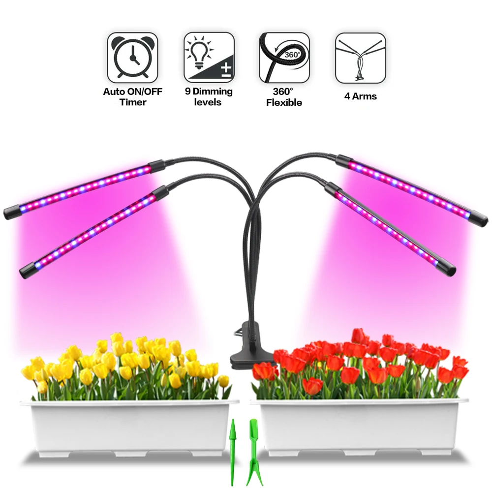 

Grow Light, 80W Tri Head Timing LED 9 Dimmable Levels Plant Indoor Plants with Red and Blue Spectrum, 3 Switch Modes