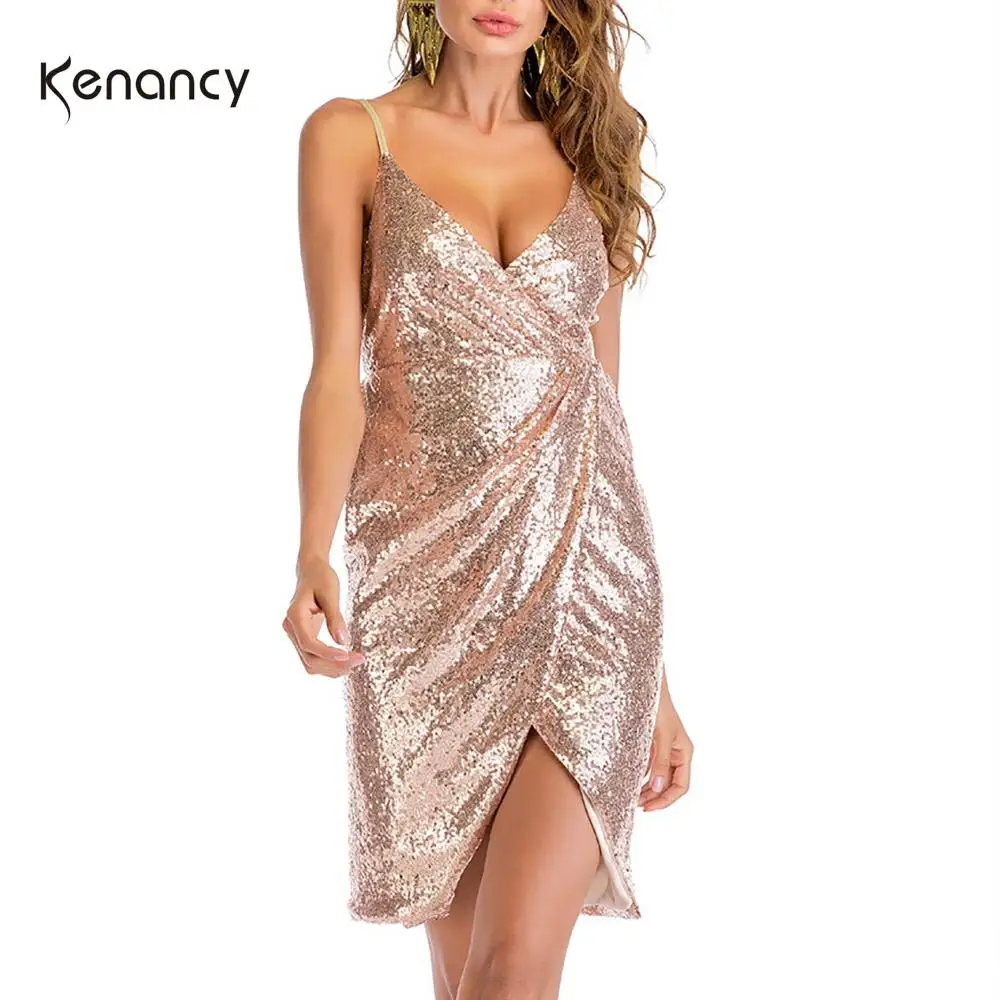 Женское платье с V-образным вырезом открытой спиной и блестками | Женская одежда
