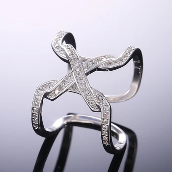 

Huitan Personality Geometric X Shape Women Opening Ring Silver Color Full Paved CZ Dance Party Daily Wear Girl Resizable Rings