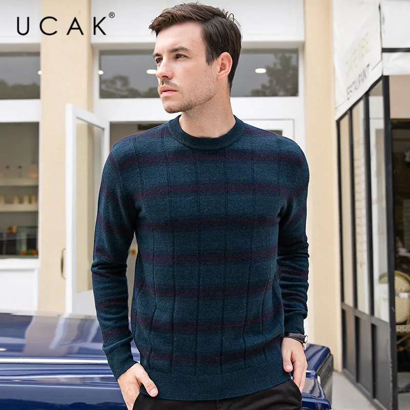 Promo UCAK Brand Pure Merino Wool Sweater Men Casual Striped Pull Homme O-Neck Pullover Men Autumn Winter Warm Cashmere Sweaters U3093