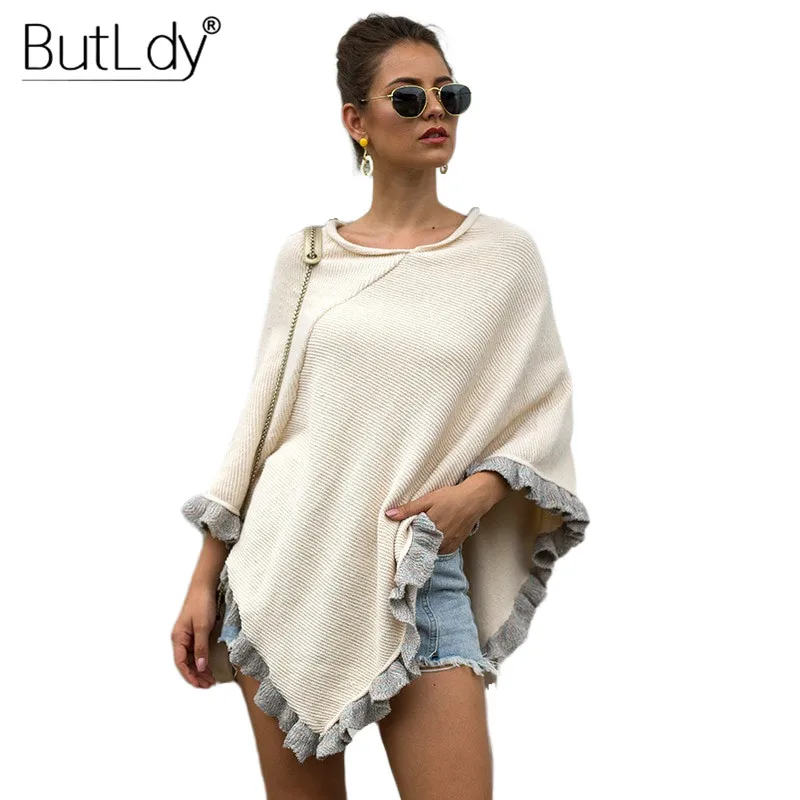 

O-neck Ruffles Poncho Cape Women Stitching 2019 Autumn Winter New Style Pullovers Womens Capes Long Sleeve Solid Poncho