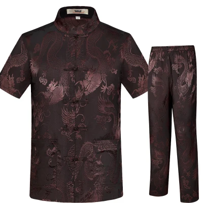 Novelty New blue Chinese Men's Tang Suit Sets Short Sleeve Long Pants Dragon Kung Fu Suit Satin Silk Wu Shu Tai Chi Sets