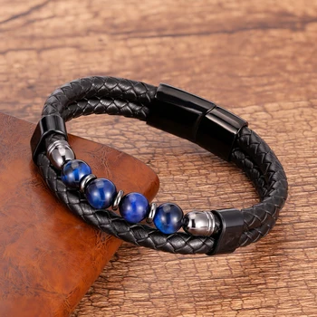 16 Style Tiger Eye Bracelet For Men Black Leather Rope Chain Round Beaded Natural Stone Bracelet Women Fashion Jewelry Wholesale
