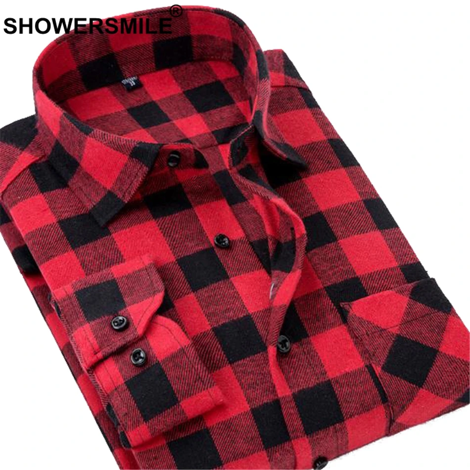 SHOWERSMILE, фиолетовая Мужская рубашка с длинным рукавом, клетчатая фланелевая рубашка, Мужская облегающая черная белая клетчатая рубашка, осенняя зимняя одежда - Цвет: Red Shirt CMG12