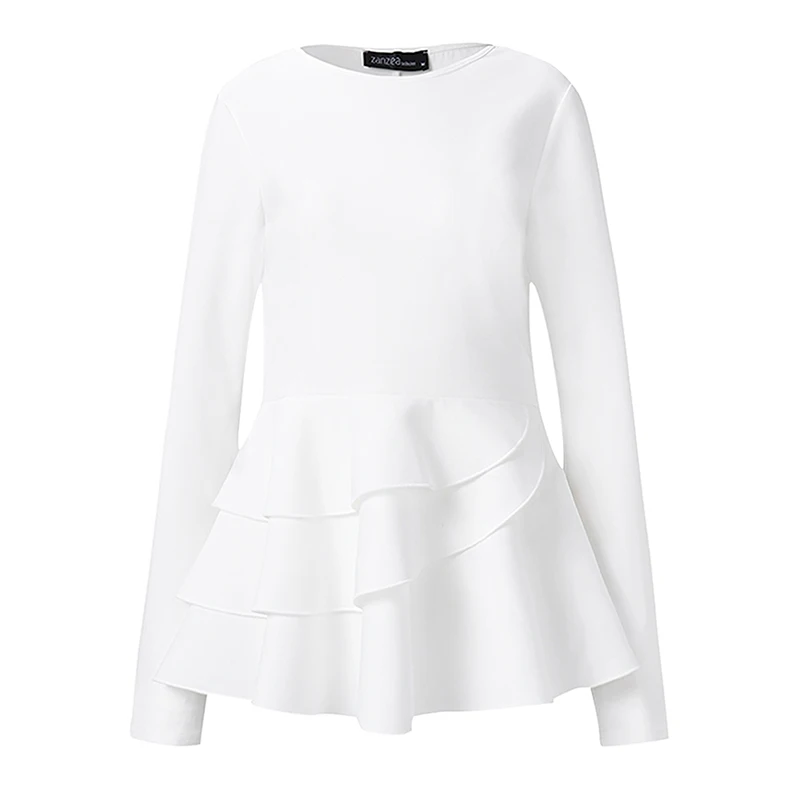 Elegant Solid Ruffle Shirts Womens Flounce Blouse ZANZEA Spring Long Sleeve Peplum Tunic Female O Neck Blusas Plus Size Tops