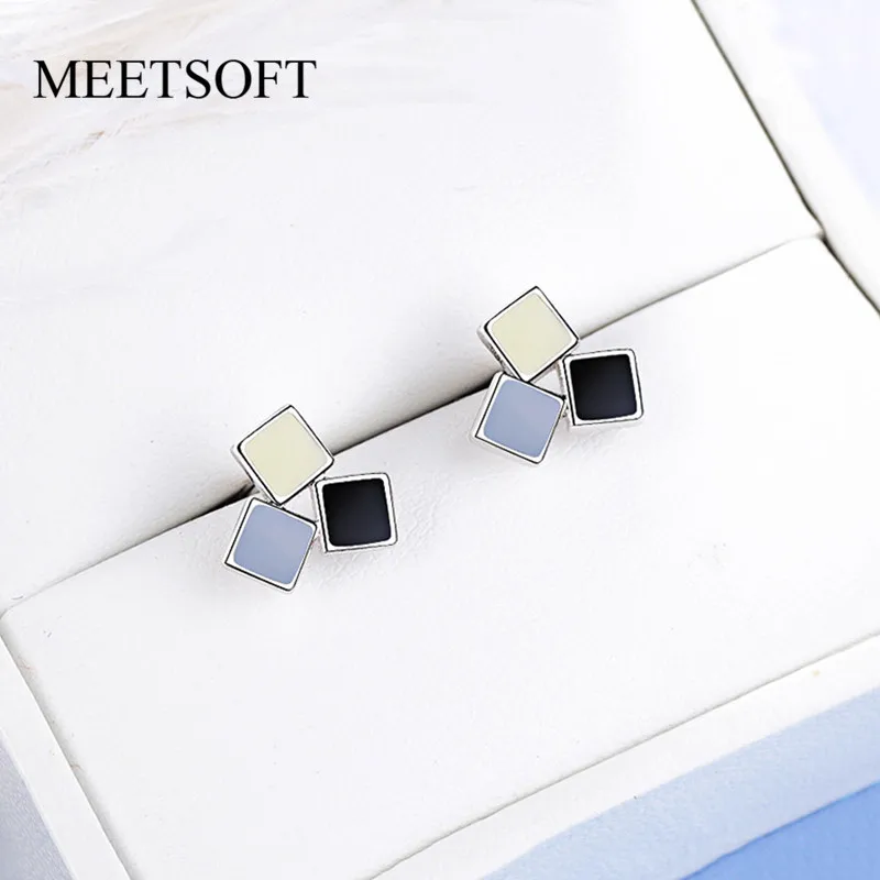 

MEETSOFT 925 Sterling Silver Prevent Allergy Stud Earrings for Women Design Trendy Small Mix Colour Square Jewelry Gift