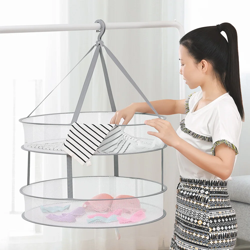 

Practical S Hook Drying Rack Folding Hanging Clothes Laundry Basket Dryer Net Double-Layer Wash Drying Socks Clothes Basket