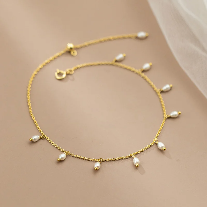 Anklet Bracelets Silver Anklets Ankle Chain WANTME 925 Sterling Silver Fashion Simple Chain Baroque Pearl Tassel Anklet for Women Elegant Wedding French Jewelry Accessories