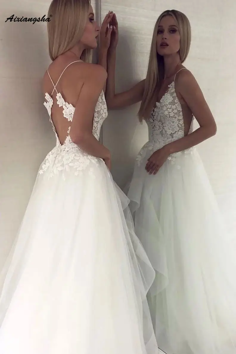 Vestido De Noiva 2019 пикантные Свадебные платья на бретельках с открытой спиной и v-образным вырезом кружевное свадебное платье белое свадебное