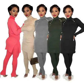 

Women Matching Set Outfit 2 Piece Sets Womens Outfits Turtleneck Button Small Horn Sleeve Rib Pant Sets Two Piece Set Womens