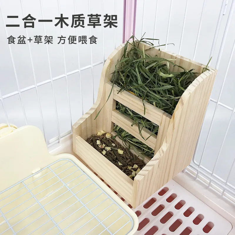 Pet Wooden Grass Rack Two-in-one Hay Rack With Food Bowl Hanging Fixed Natural Wood Frame For Rabbit Guinea Pig Totoro Supplies