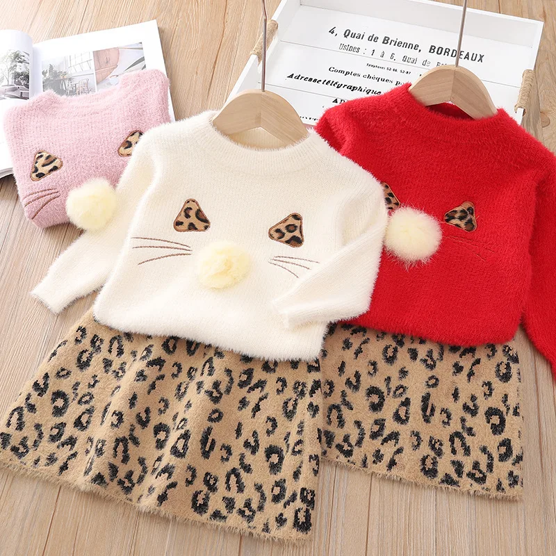 

2019 Autumn New Style Infants Virgin Baby Retro Western Style Leopord Pattern Mink Cashmere Sweater Dress Set