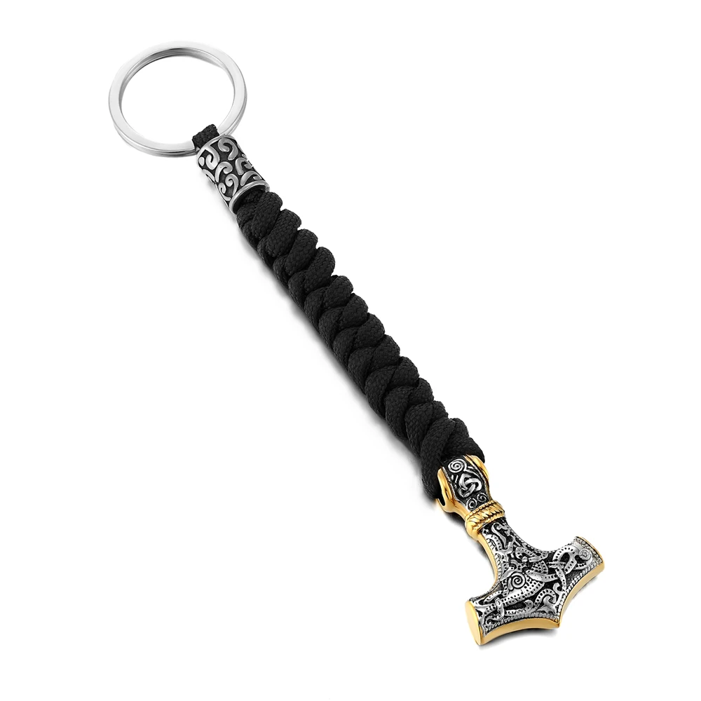 남성용 바이킹 토르의 망치 키체인, 스테인리스 스틸 Mjolnir 부적 키링 나이프 펜던트, 수제 생존 파라코드 로프 쥬얼리