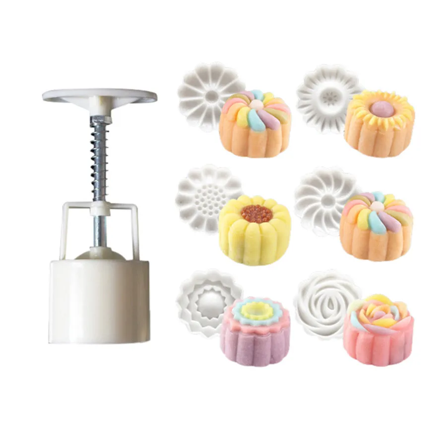 

New 50g Round Mooncake Mold Flower 1Set 6 Style Flower Stamps Moon Cake Mold Set Mooncake Decor 0801#30