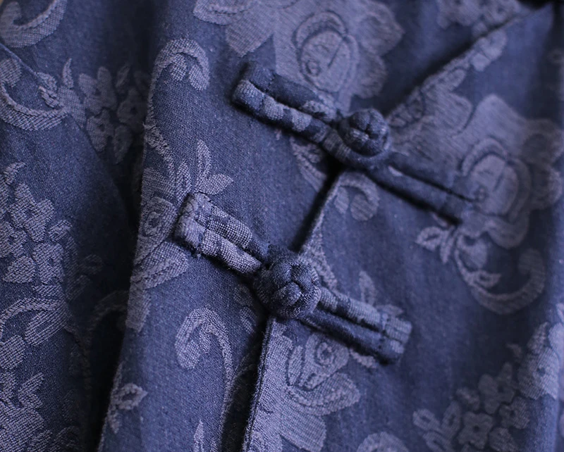 Женское хлопковое льняное платье жаккардовое винтажное платье осень стоячие семь рукав темно-синий китайский стиль платье на пуговицах