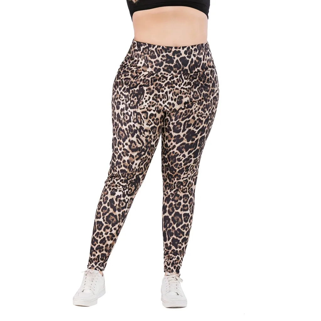 Для женщин; Большие размеры с леопардовым принтом облегающие спортивные сужающаяся к талии Повседневное эластичные брюки с высокой посадкой талии эластичные Легинсы дамские лосины